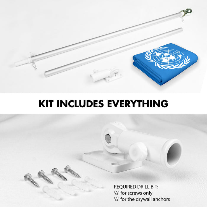 G128 Combo Pack: 6 Ft Tangle Free Aluminum Spinning Flagpole (Silver) & United Nations Flag 3x5 Ft, LiteWeave Pro Series Printed 150D Polyester | Pole with Flag Included