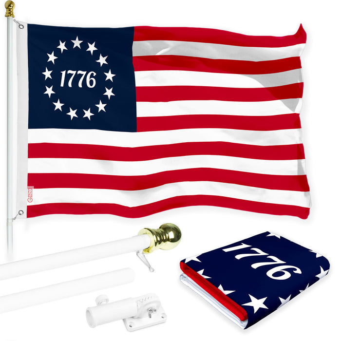 G128 Combo Pack: 6 Ft Tangle Free Aluminum Spinning Flagpole (White) & Betsy Ross 1776 Flag 3x5 Ft, LiteWeave Pro Series Printed 150D Polyester | Pole with Flag Included