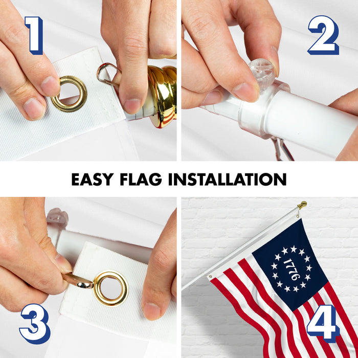 G128 Combo Pack: 6 Ft Tangle Free Aluminum Spinning Flagpole (White) & Betsy Ross 1776 Flag 3x5 Ft, LiteWeave Pro Series Printed 150D Polyester | Pole with Flag Included