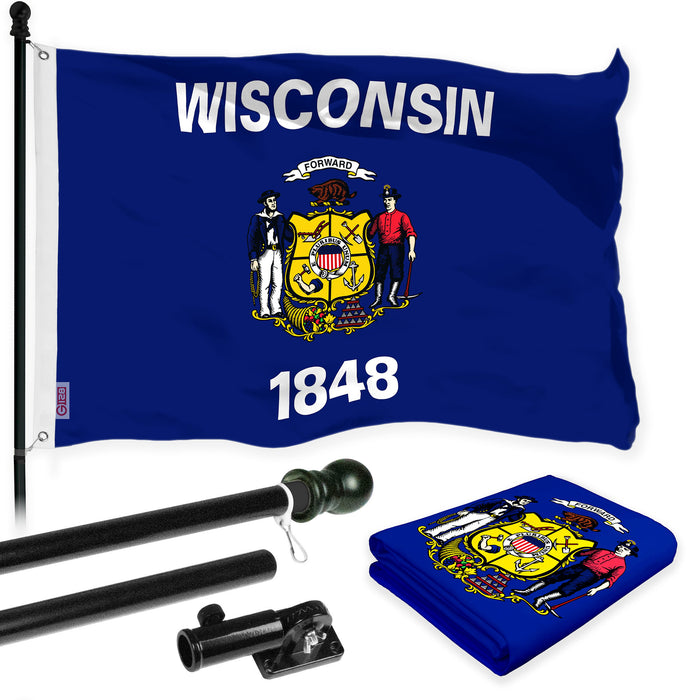 G128 Combo Pack: 6 Ft Tangle Free Aluminum Spinning Flagpole (Black) & Wisconsin WI  3x5 Ft, LiteWeave Pro Series Printed 300D Polyester | Pole with Flag Included