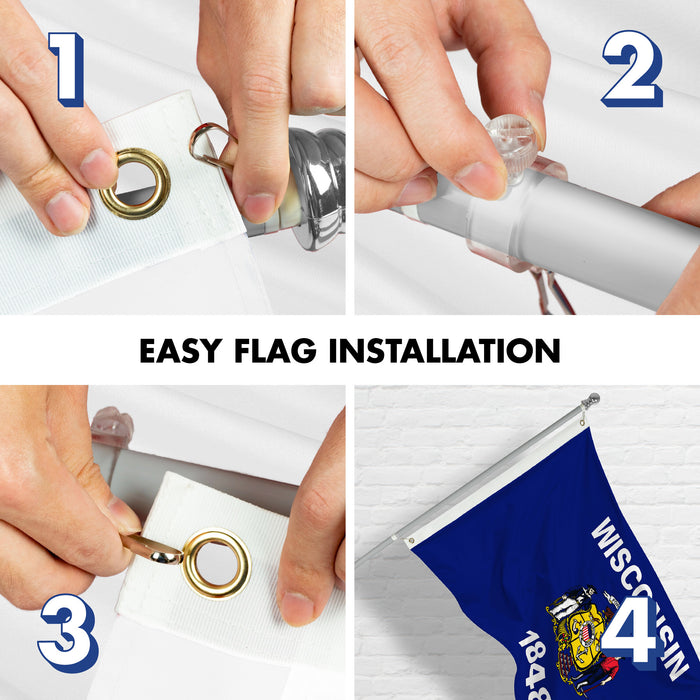 G128 Combo Pack: 6 Ft Tangle Free Aluminum Spinning Flagpole (Silver) & Wisconsin WI  3x5 Ft, LiteWeave Pro Series Printed 300D Polyester | Pole with Flag Included