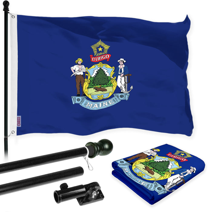 G128 Combo Pack: 6 Ft Tangle Free Aluminum Spinning Flagpole (Black) & Maine ME  3x5 Ft, LiteWeave Pro Series Printed 300D Polyester | Pole with Flag Included
