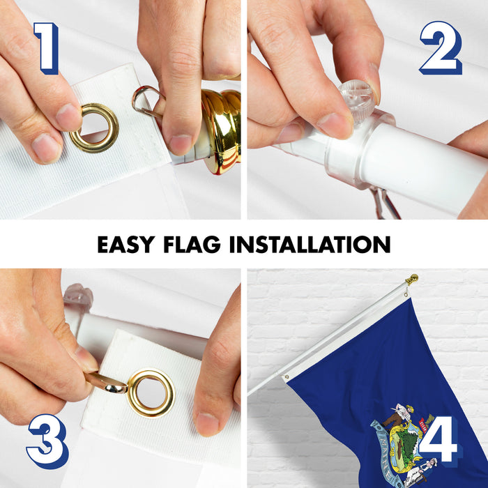G128 Combo Pack: 6 Ft Tangle Free Aluminum Spinning Flagpole (White) & Maine ME  3x5 Ft, LiteWeave Pro Series Printed 300D Polyester | Pole with Flag Included