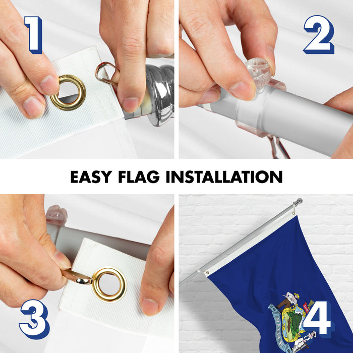 G128 Combo Pack: 6 Ft Tangle Free Aluminum Spinning Flagpole (Silver) & Maine ME  3x5 Ft, LiteWeave Pro Series Printed 300D Polyester | Pole with Flag Included