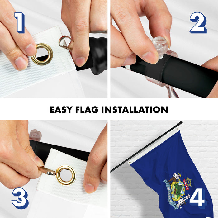 G128 Combo Pack: 6 Ft Tangle Free Aluminum Spinning Flagpole (Black) & Maine ME  3x5 Ft, LiteWeave Pro Series Printed 300D Polyester | Pole with Flag Included