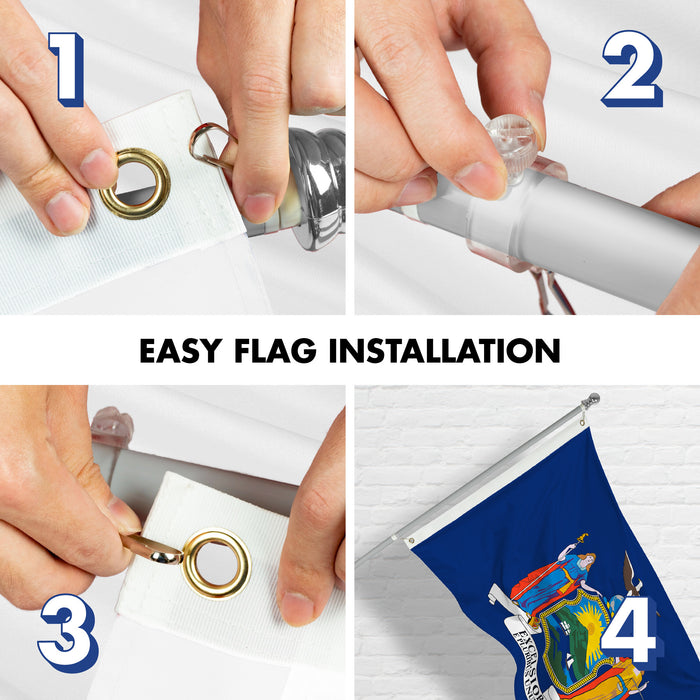 G128 Combo Pack: 6 Ft Tangle Free Aluminum Spinning Flagpole (Silver) & New York NY  3x5 Ft, LiteWeave Pro Series Printed 300D Polyester | Pole with Flag Included