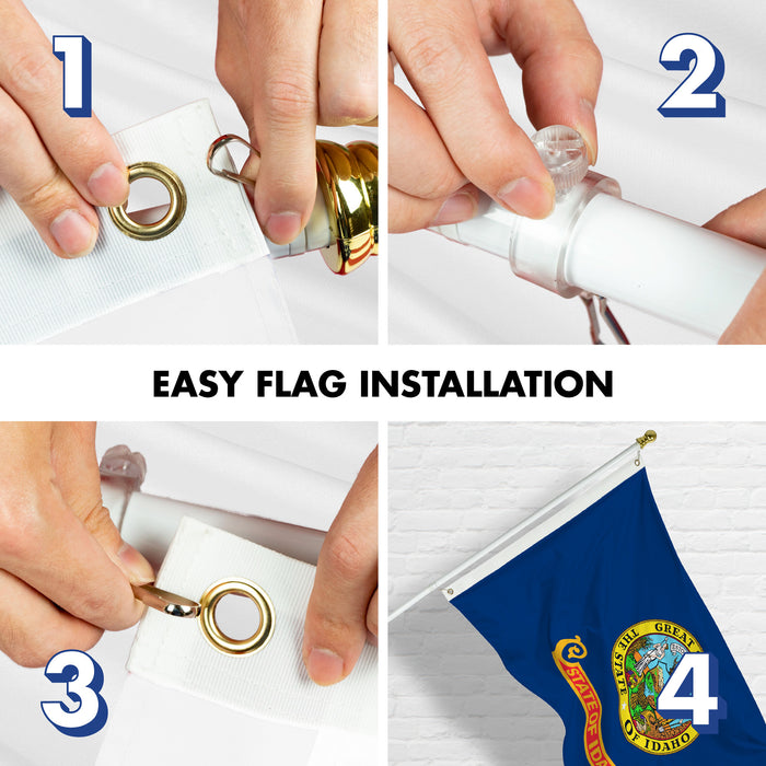 G128 Combo Pack: 6 Ft Tangle Free Aluminum Spinning Flagpole (White) & Idaho ID State Flag 3x5 Ft, LiteWeave Pro Series Printed 300D Polyester | Pole with Flag Included