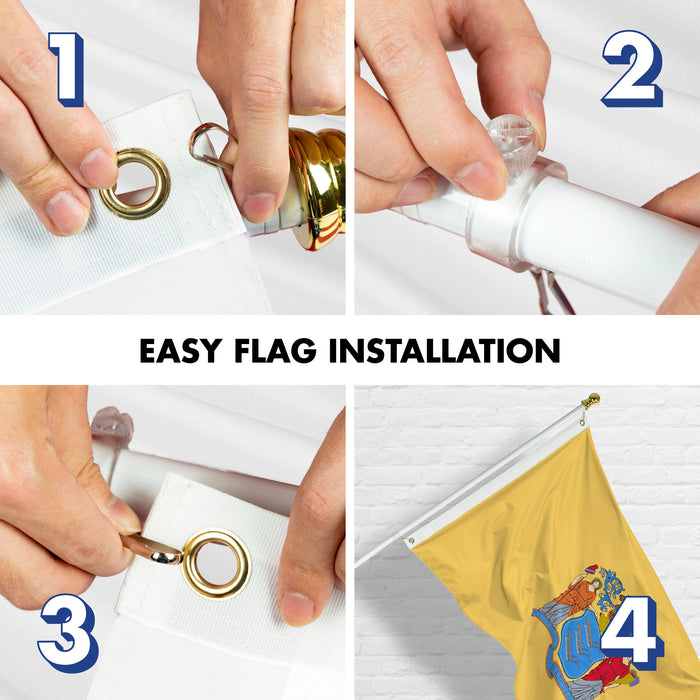 G128 Combo Pack: 6 Ft Tangle Free Aluminum Spinning Flagpole (White) & New Jersey NJ  3x5 Ft, LiteWeave Pro Series Printed 300D Polyester | Pole with Flag Included