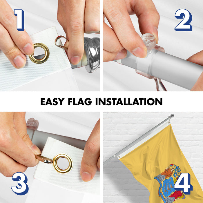 G128 Combo Pack: 6 Ft Tangle Free Aluminum Spinning Flagpole (Silver) & New Jersey NJ  3x5 Ft, LiteWeave Pro Series Printed 300D Polyester | Pole with Flag Included
