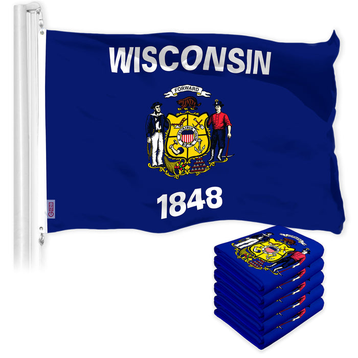 G128 5 Pack: Wisconsin WI  | 3x5 Ft | LiteWeave Pro Series Printed 150D Polyester | Indoor/Outdoor, Vibrant Colors, Brass Grommets, Thicker and More Durable Than 100D 75D Polyester