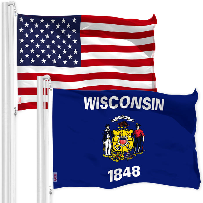 G128 Combo Pack: American USA Flag 3x5 Ft 150D & Wisconsin WI  3x5 Ft 300D | Both LiteWeave Pro Series Printed Poly, Brass Grommets