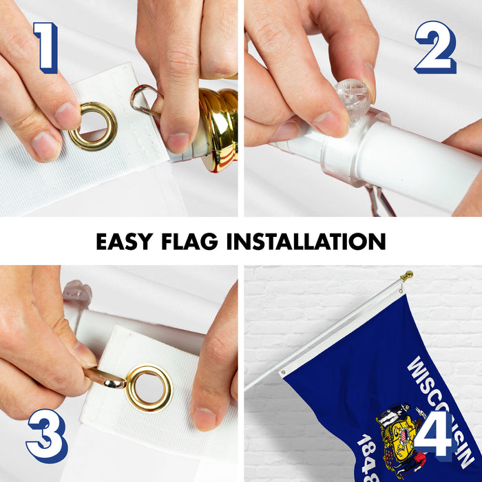G128 Combo Pack: 6 Ft Tangle Free Aluminum Spinning Flagpole (White) & Wisconsin WI  3x5 Ft, LiteWeave Pro Series Printed 300D Polyester | Pole with Flag Included