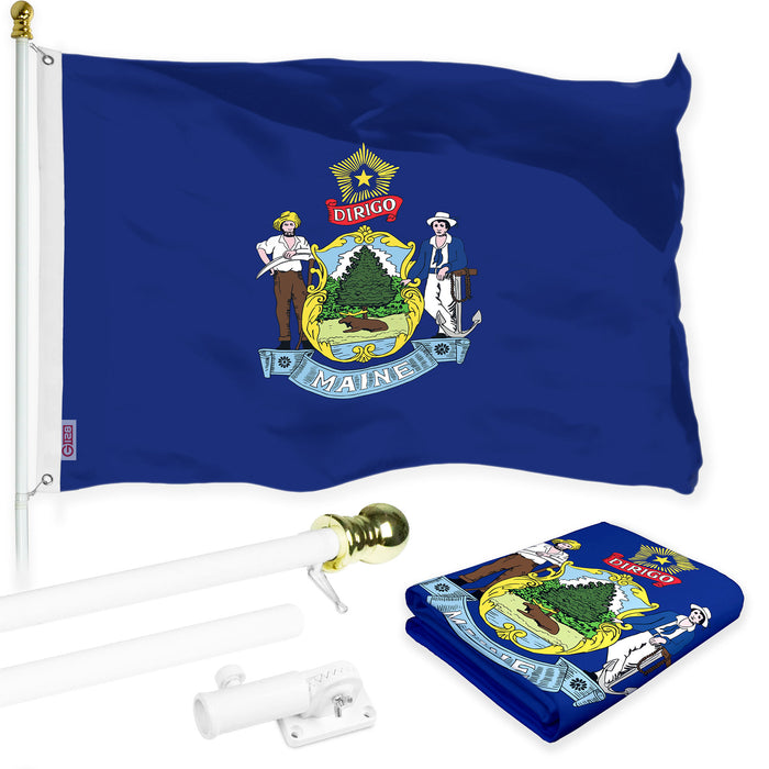 G128 Combo Pack: 6 Ft Tangle Free Aluminum Spinning Flagpole (White) & Maine ME  3x5 Ft, LiteWeave Pro Series Printed 300D Polyester | Pole with Flag Included