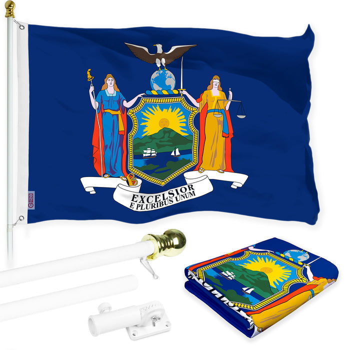 G128 Combo Pack: 6 Ft Tangle Free Aluminum Spinning Flagpole (White) & New York NY  3x5 Ft, LiteWeave Pro Series Printed 300D Polyester | Pole with Flag Included