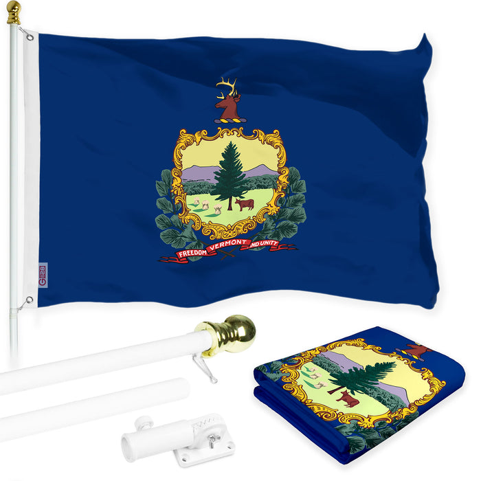 G128 Combo Pack: 6 Ft Tangle Free Aluminum Spinning Flagpole (White) & Vermont VT  3x5 Ft, LiteWeave Pro Series Printed 300D Polyester | Pole with Flag Included