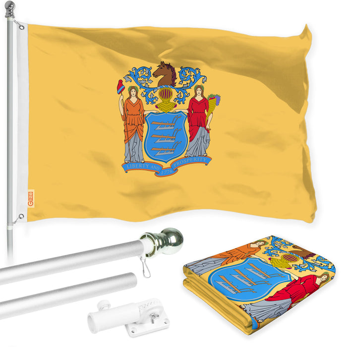 G128 Combo Pack: 6 Ft Tangle Free Aluminum Spinning Flagpole (Silver) & New Jersey NJ  3x5 Ft, LiteWeave Pro Series Printed 300D Polyester | Pole with Flag Included