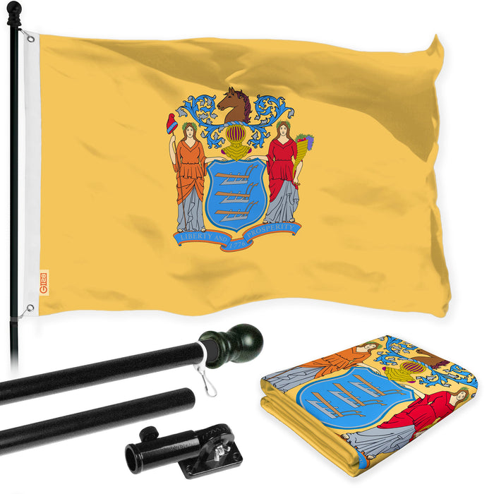 G128 Combo Pack: 6 Ft Tangle Free Aluminum Spinning Flagpole (Black) & New Jersey NJ  3x5 Ft, LiteWeave Pro Series Printed 300D Polyester | Pole with Flag Included