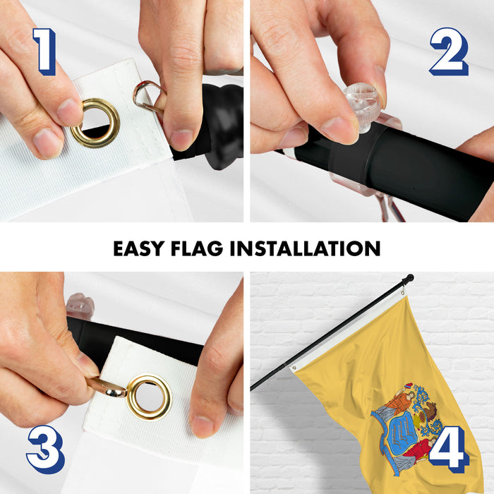 G128 Combo Pack: 6 Ft Tangle Free Aluminum Spinning Flagpole (Black) & New Jersey NJ  3x5 Ft, LiteWeave Pro Series Printed 300D Polyester | Pole with Flag Included