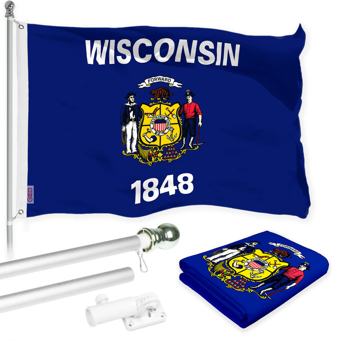 G128 Combo Pack: 6 Ft Tangle Free Aluminum Spinning Flagpole (Silver) & Wisconsin WI  3x5 Ft, LiteWeave Pro Series Printed 300D Polyester | Pole with Flag Included