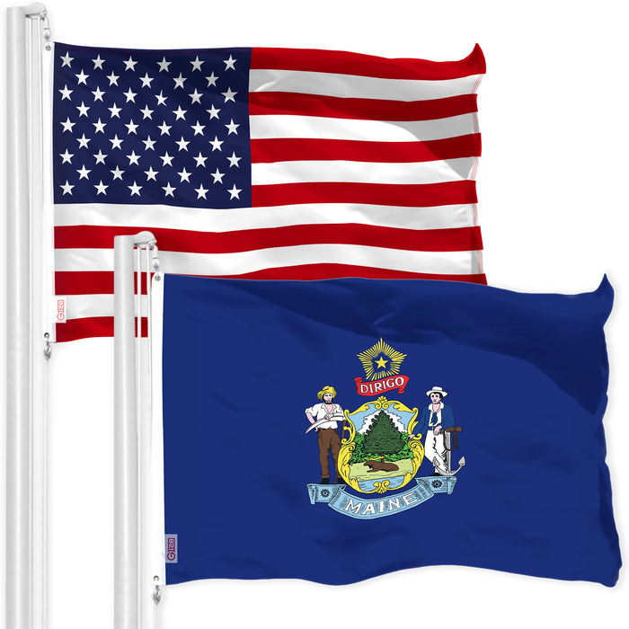 G128 Combo Pack: American USA Flag 3x5 Ft 150D & Maine ME  3x5 Ft 300D | Both LiteWeave Pro Series Printed Poly, Brass Grommets