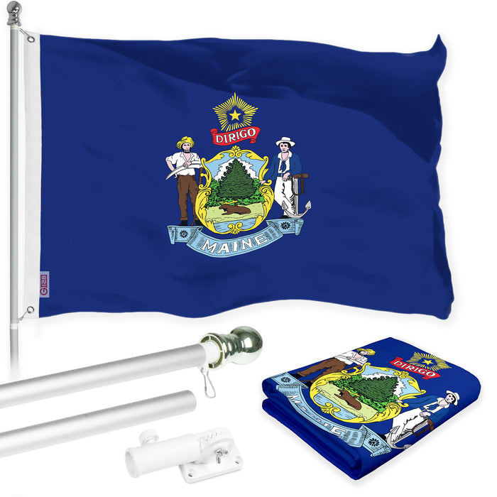 G128 Combo Pack: 6 Ft Tangle Free Aluminum Spinning Flagpole (Silver) & Maine ME  3x5 Ft, LiteWeave Pro Series Printed 300D Polyester | Pole with Flag Included