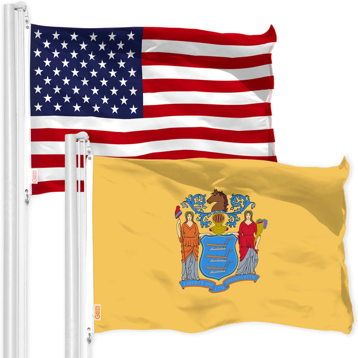 G128 Combo Pack: American USA Flag 3x5 Ft 150D & New Jersey NJ  3x5 Ft 300D | Both LiteWeave Pro Series Printed Poly, Brass Grommets