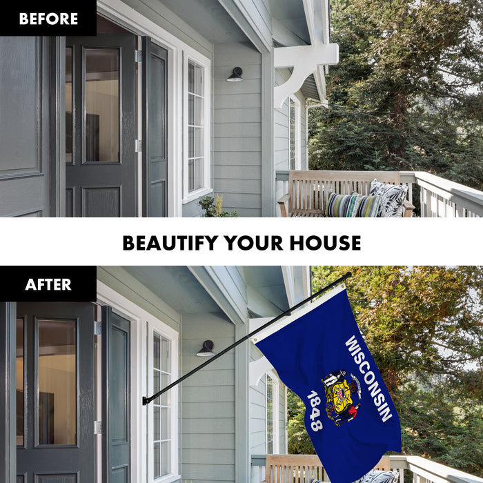 G128 Combo Pack: 6 Ft Tangle Free Aluminum Spinning Flagpole (Black) & Wisconsin WI  3x5 Ft, LiteWeave Pro Series Printed 300D Polyester | Pole with Flag Included