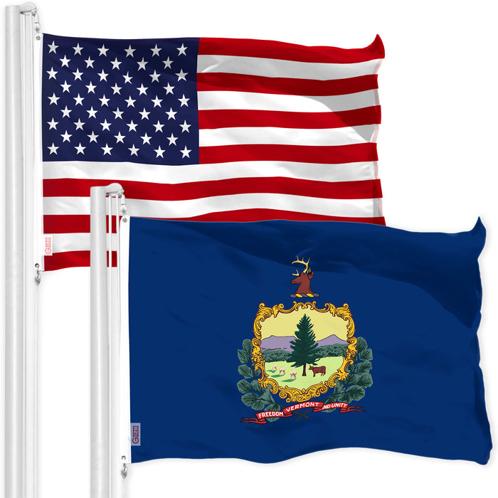 G128 Combo Pack: American USA Flag 3x5 Ft 150D & Vermont VT  3x5 Ft 300D | Both LiteWeave Pro Series Printed Poly, Brass Grommets