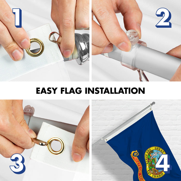 G128 Combo Pack: 6 Ft Tangle Free Aluminum Spinning Flagpole (Silver) & Idaho ID State Flag 3x5 Ft, LiteWeave Pro Series Printed 300D Polyester | Pole with Flag Included