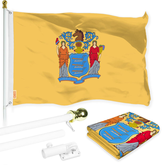 G128 Combo Pack: 6 Ft Tangle Free Aluminum Spinning Flagpole (White) & New Jersey NJ  3x5 Ft, LiteWeave Pro Series Printed 300D Polyester | Pole with Flag Included