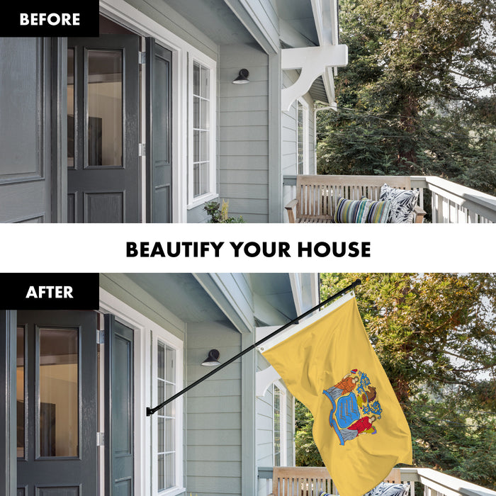 G128 Combo Pack: 6 Ft Tangle Free Aluminum Spinning Flagpole (Black) & New Jersey NJ  3x5 Ft, LiteWeave Pro Series Printed 300D Polyester | Pole with Flag Included