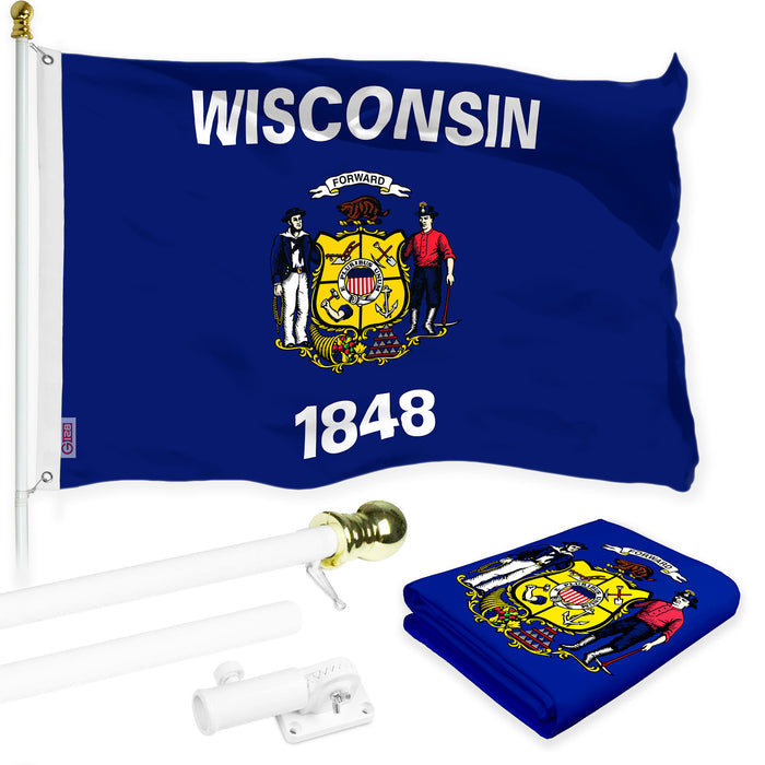 G128 Combo Pack: 6 Ft Tangle Free Aluminum Spinning Flagpole (White) & Wisconsin WI  3x5 Ft, LiteWeave Pro Series Printed 300D Polyester | Pole with Flag Included