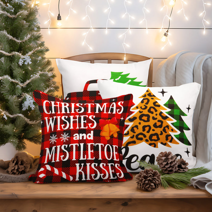 G128 Christmas Decoration Farmhouse Pine Spruce Waterproof Throw Pillow | 18 x 18 in | Set of 4, Beautiful Cushion Covers for Christmas Sofa Couch Decoration, Pillow Insert Included