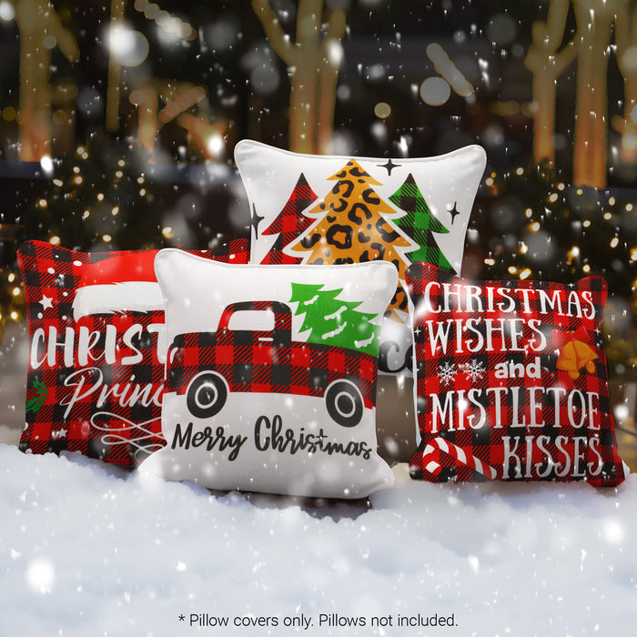 G128 Christmas Decoration Farmhouse Pine Spruce Waterproof Throw Pillow Covers | 18 x 18 in | Set of 4, Beautiful Cushion Covers for Christmas Sofa Couch Decoration