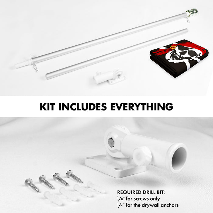 G128 Combo Pack: 5 Ft Tangle Free Aluminum Spinning Flagpole (Silver) & Pirate Jolly Roger Red Head Scarf Flag 2x3 Ft, ToughWeave Series Embroidered 300D Polyester | Pole with Flag Included