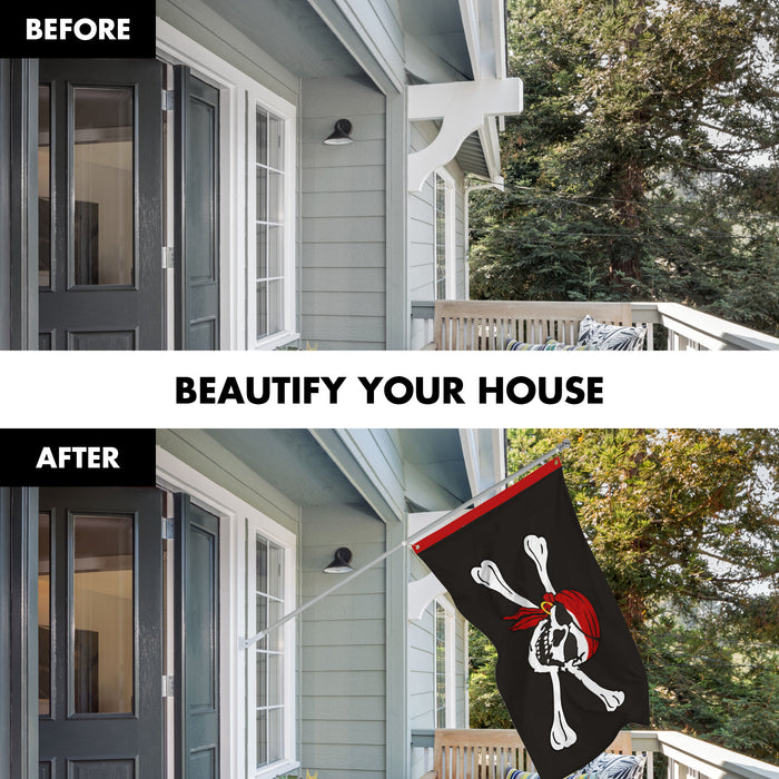 G128 Combo Pack: 5 Ft Tangle Free Aluminum Spinning Flagpole (Silver) & Pirate Jolly Roger Red Head Scarf Flag 2.5x4 Ft, ToughWeave Series Embroidered 300D Polyester | Pole with Flag Included