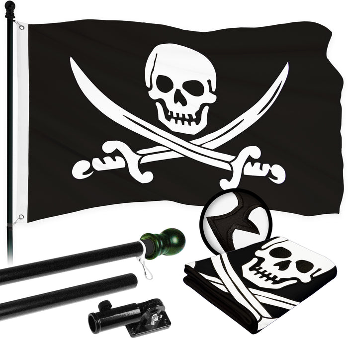 G128 Combo Pack: 6 Ft Tangle Free Aluminum Spinning Flagpole (Black) & Pirate Jolly Roger Swords Flag 3x5 Ft, ToughWeave Series Embroidered 300D Polyester | Pole with Flag Included