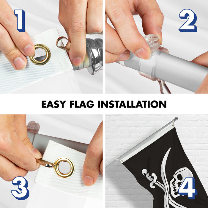 G128 Combo Pack: 5 Ft Tangle Free Aluminum Spinning Flagpole (Silver) & Pirate Jolly Roger Swords Flag 2.5x4 Ft, ToughWeave Series Embroidered 300D Polyester | Pole with Flag Included