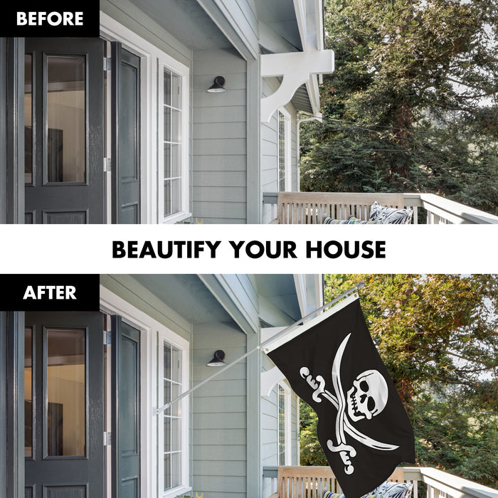G128 Combo Pack: 6 Ft Tangle Free Aluminum Spinning Flagpole (Silver) & Pirate Jolly Roger Swords Flag 3x5 Ft, ToughWeave Series Embroidered 300D Polyester | Pole with Flag Included