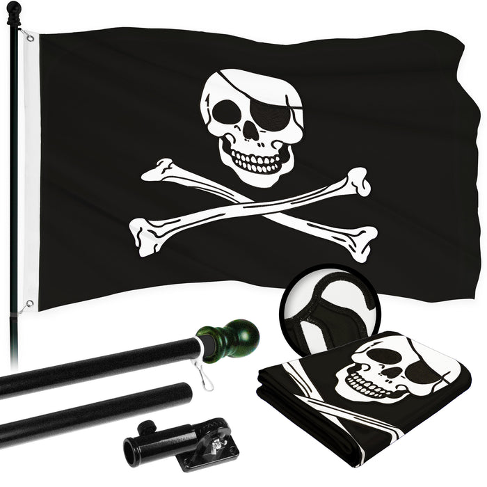 G128 Combo Pack: 5 Ft Tangle Free Aluminum Spinning Flagpole (Black) & Pirate Jolly Roger Bones Flag 2x3 Ft, ToughWeave Series Embroidered 300D Polyester | Pole with Flag Included