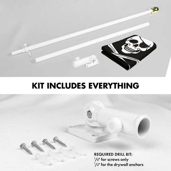 G128 Combo Pack: 5 Ft Tangle Free Aluminum Spinning Flagpole (White) & Pirate Jolly Roger Bones Flag 2.5x4 Ft, ToughWeave Series Embroidered 300D Polyester | Pole with Flag Included