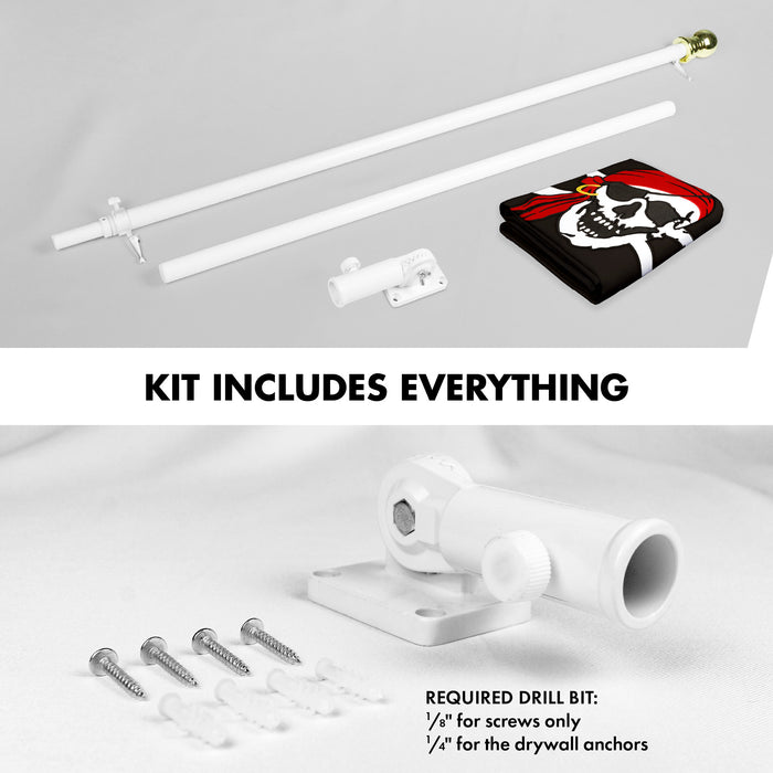 G128 Combo Pack: 5 Ft Tangle Free Aluminum Spinning Flagpole (White) & Pirate Jolly Roger Red Head Scarf Flag 2x3 Ft, ToughWeave Series Embroidered 300D Polyester | Pole with Flag Included