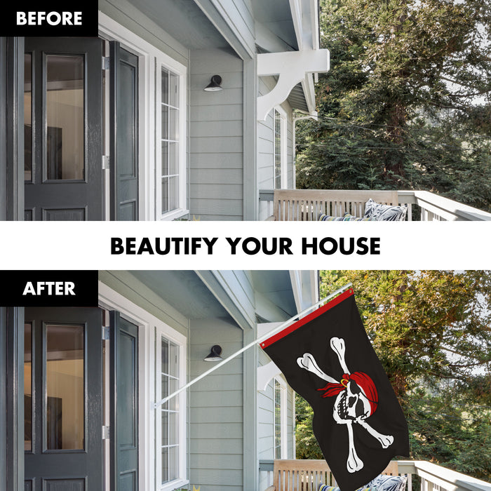 G128 Combo Pack: 5 Ft Tangle Free Aluminum Spinning Flagpole (White) & Pirate Jolly Roger Red Head Scarf Flag 2x3 Ft, ToughWeave Series Embroidered 300D Polyester | Pole with Flag Included