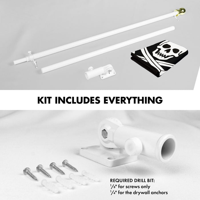 G128 Combo Pack: 5 Ft Tangle Free Aluminum Spinning Flagpole (White) & Pirate Jolly Roger Swords Flag 2x3 Ft, ToughWeave Series Embroidered 300D Polyester | Pole with Flag Included