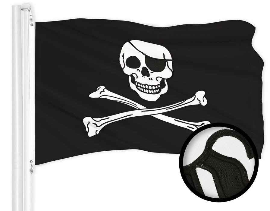 G128 Combo Pack: American USA Flag 2x3 Ft & Pirate Jolly Roger Bones Flag 2x3 Ft | Both ToughWeave Series Embroidered 300D Polyester, Embroidered Design, Indoor/Outdoor, Brass Grommets