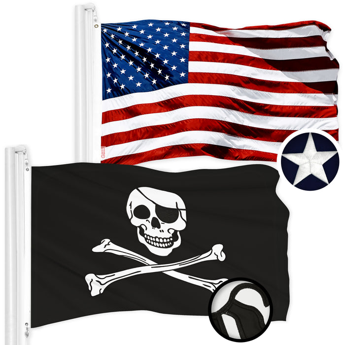 G128 Combo Pack: American USA Flag 2x3 Ft & Pirate Jolly Roger Bones Flag 2x3 Ft | Both ToughWeave Series Embroidered 300D Polyester, Embroidered Design, Indoor/Outdoor, Brass Grommets