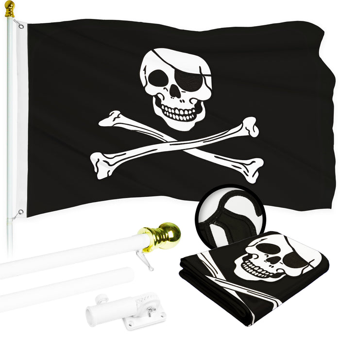 G128 Combo Pack: 5 Ft Tangle Free Aluminum Spinning Flagpole (White) & Pirate Jolly Roger Bones Flag 2x3 Ft, ToughWeave Series Embroidered 300D Polyester | Pole with Flag Included