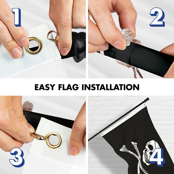 G128 Combo Pack: 6 Ft Tangle Free Aluminum Spinning Flagpole (Black) & Pirate Jolly Roger Bones Flag 3x5 Ft, ToughWeave Series Embroidered 300D Polyester | Pole with Flag Included