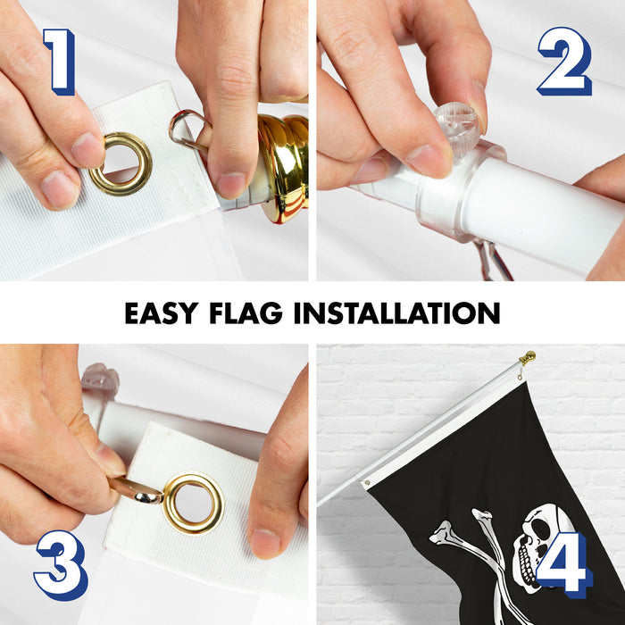 G128 Combo Pack: 5 Ft Tangle Free Aluminum Spinning Flagpole (White) & Pirate Jolly Roger Bones Flag 2.5x4 Ft, ToughWeave Series Embroidered 300D Polyester | Pole with Flag Included