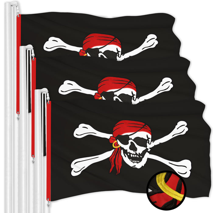 G128 3 Pack: Pirate Jolly Roger Red Head Scarf Flag | 2x3 Ft | ToughWeave Series Embroidered 300D Polyester | Novelty Flag, Embroidered Design, Indoor/Outdoor, Brass Grommets
